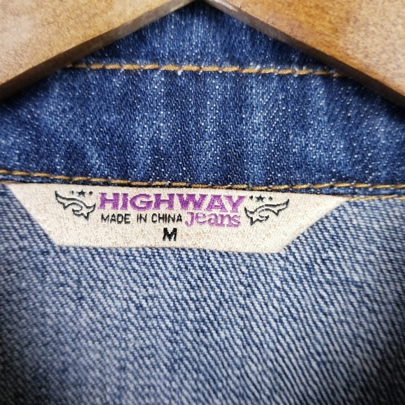 Womens Button Up Jean Jacket Sz M Med Wash Biker Moto Long Sleeve Highway Jeans - Picture 7 of 8